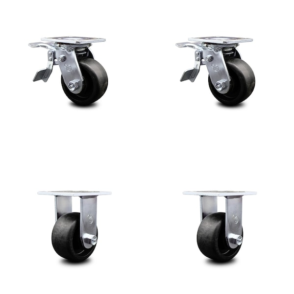 4 Inch Glass Filled Nylon Caster Set with Roller Bearings 2 Brakes 2 Rigid SCC